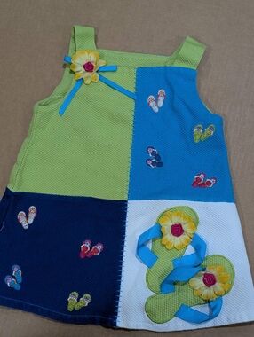 Vintage Youngland Girl 18M Cotton Colorblock Overall Dress Embroidered Summer